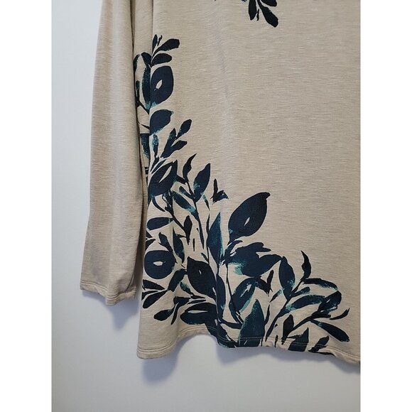 PureJill J Jill Tunic Top Tan Blue Leaf Print Boat Neck Button XL Oversized - Picture 3 of 7